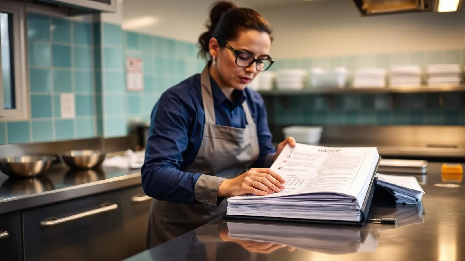 Vodja kakovosti pregleduje HACCP mapo z zapisniki DDD v profesionalni kuhinji