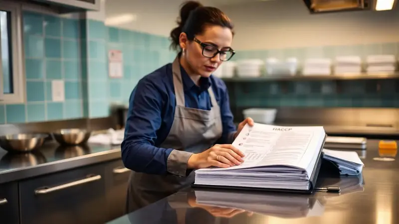 Vodja kakovosti pregleduje HACCP mapo z zapisniki DDD v profesionalni kuhinji